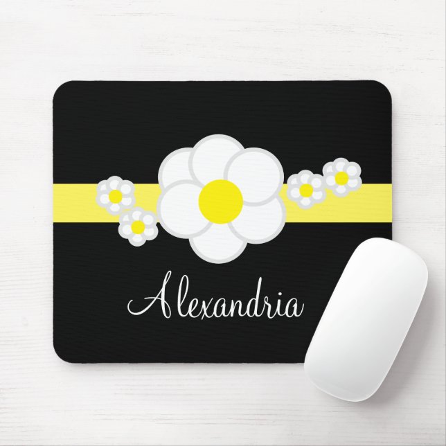 Yellow Stripe Daisy Black White Elegant Script Mouse Pad (With Mouse)