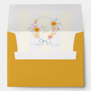 Yellow Stripe Floral Crest Monogram Spring Wedding Envelope