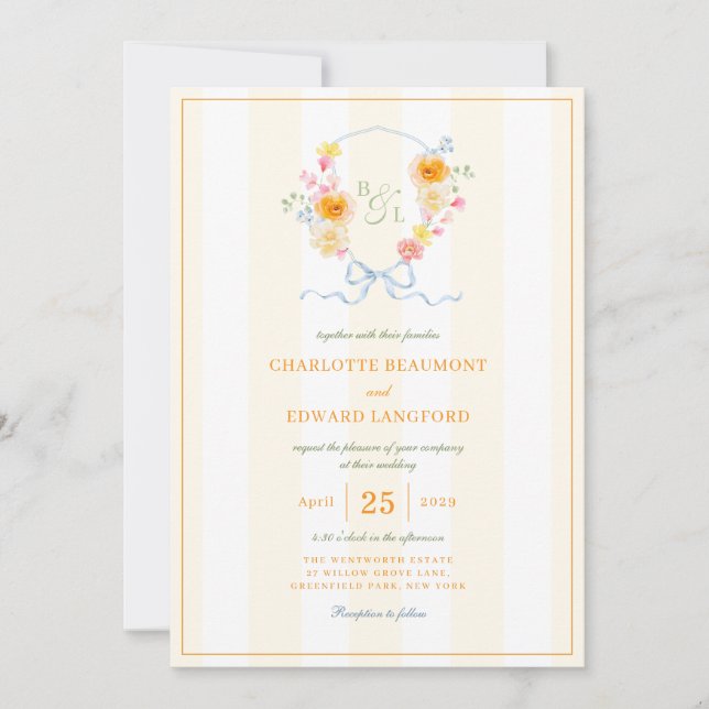 Yellow Stripe Floral Crest Spring Monogram Wedding Invitation (Front)