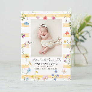 Yellow Stripe Floral Photo Birth Announcement
