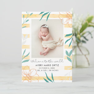 Yellow Stripe Floral Photo Birth Announcement
