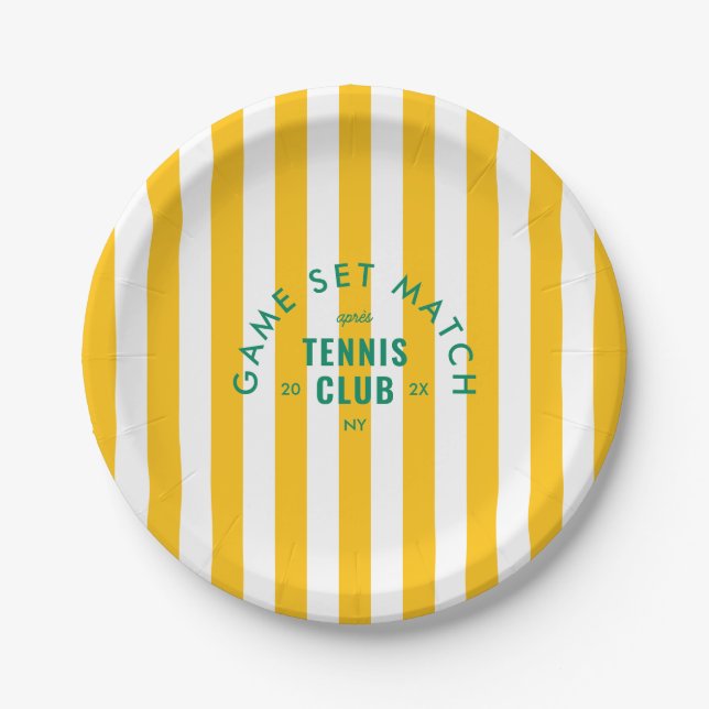 Yellow Stripe Game Set Match Après Tennis Club Paper Plate (Front)