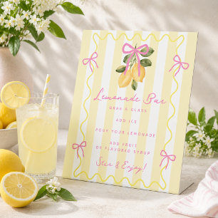 Yellow Stripe Pink Bow Lemonade Bar Pedestal Sign