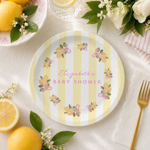 Yellow Stripe Pink Lemon Baby Shower Paper Plate