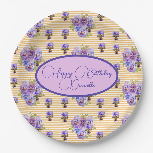 Yellow Stripe Shabby Chic floral Birthday Paper Plate (Front)