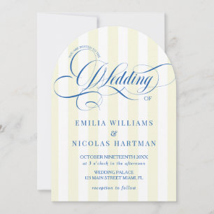 Yellow Striped Blue Script Wedding Invitation