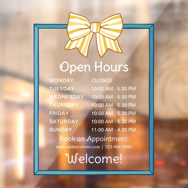 Yellow Striped Bow Blue Frame Open Hours Number (Sheet 2)