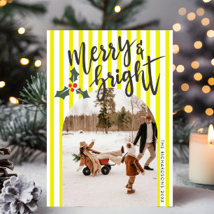 Yellow Striped Merry & Bright Christmas Photo Holiday Card