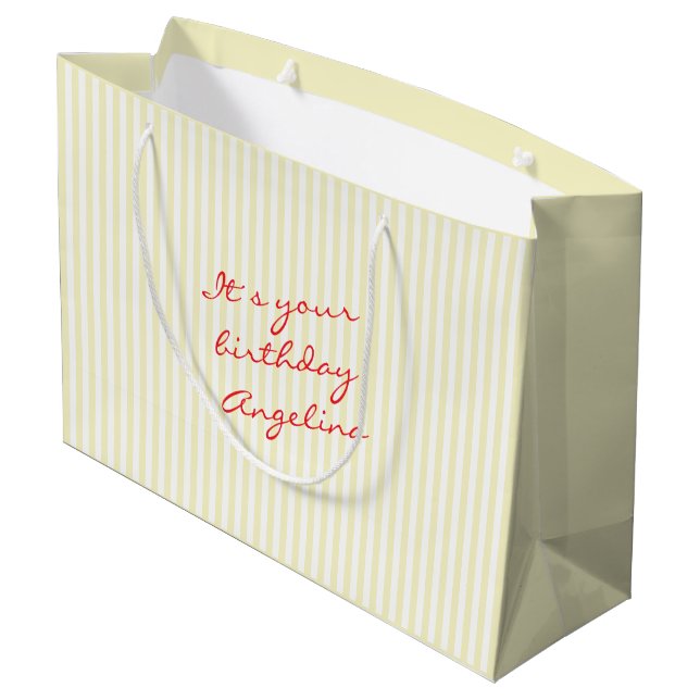 Yellow Striped Personalised Script Name Birthday Large Gift Bag (Back Angled)