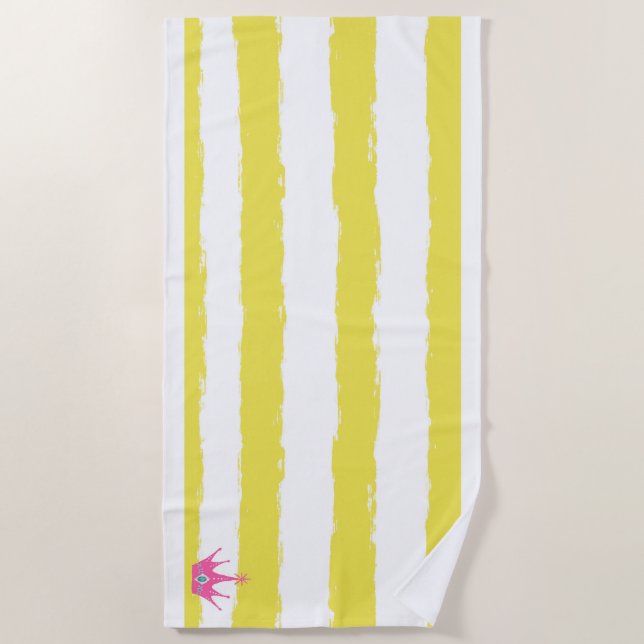 Yellow stripes and a pink crown Beach Towel (Front)