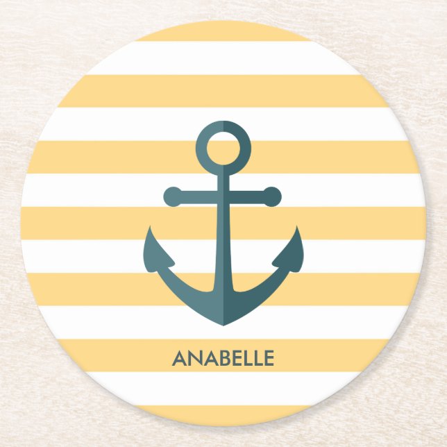 Yellow Stripes and Blue Anchor Round Paper Coaster (Front)