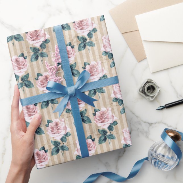 Yellow Stripes and Pink Tea Roses All Occasion Wrapping Paper (Gifting)