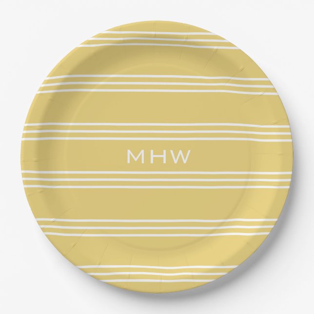 Yellow Stripes custom monogram paper plates (Front)