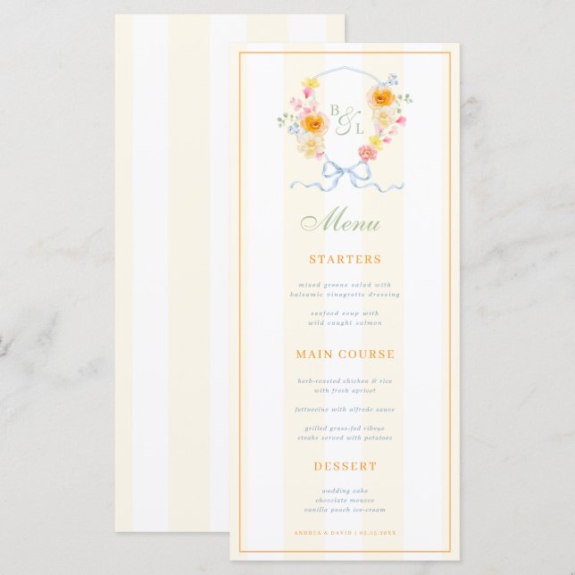 Yellow Stripes & Floral Crest Spring Wedding Menu (Front/Back)