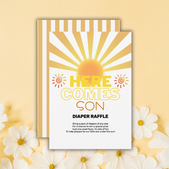 Yellow Stripes Here Comes The Son Baby Shower Enclosure Card (Creator Uploaded)