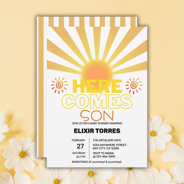 Yellow Stripes Here Comes The Son Baby Shower Invitation (Creator Uploaded)