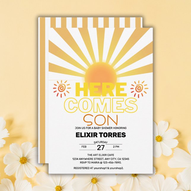 Yellow Stripes Here Comes The Son Baby Shower Invitation (Creator Uploaded)