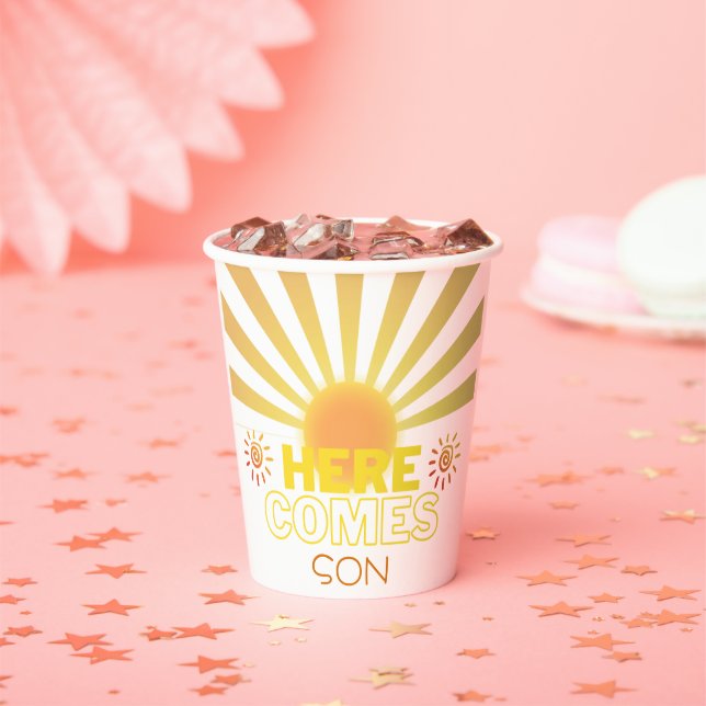 Yellow Stripes Here Comes The Son Baby Shower Paper Cups (Insitu)