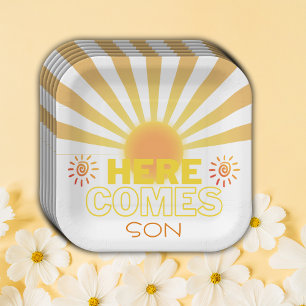 Yellow Stripes Here Comes The Son Baby Shower Paper Plate