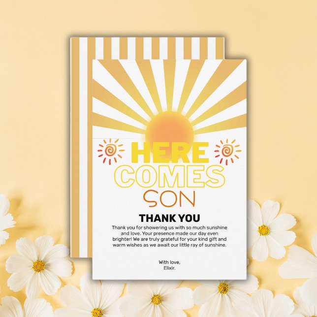 Yellow Stripes Here Comes The Son Baby Shower Thank You Card (Creator Uploaded)
