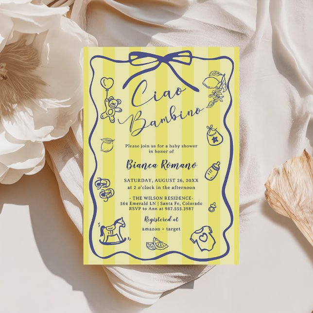 Yellow Stripes Italian Themed Ciao Bambino  Invitation (Creator Uploaded)