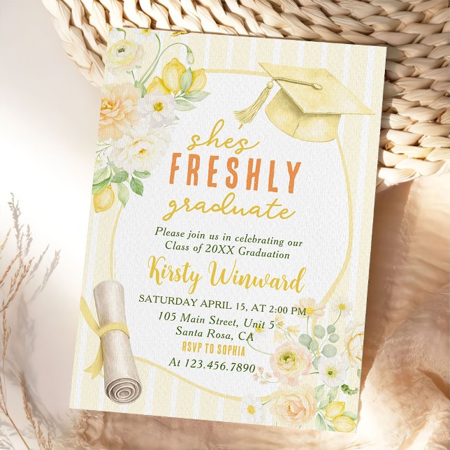 Yellow Stripes Lemons and Flowers Graduation Invitation (Creator Uploaded)