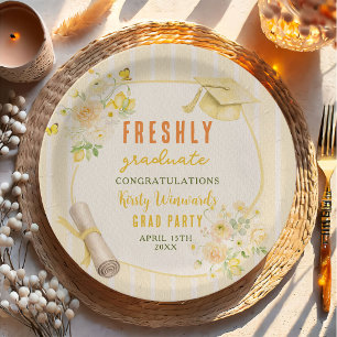 Yellow Stripes Lemons and Flowers Graduation Paper Plate