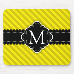 Yellow Stripes Pattern Black Custom Monogram Mouse Pad