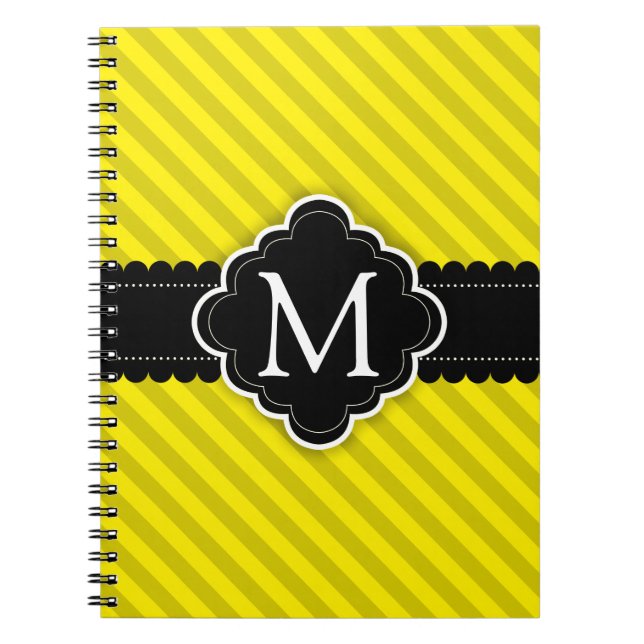 Yellow Stripes Pattern Black Custom Monogram Spiral Notebook (Front)