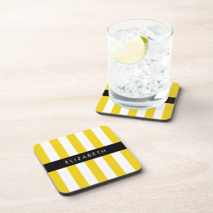 Yellow Stripes, Striped Pattern, Lines, Your Name Coaster