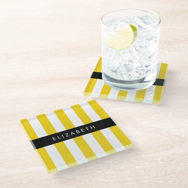 Yellow Stripes, Striped Pattern, Lines, Your Name Glass Coaster (Angled)