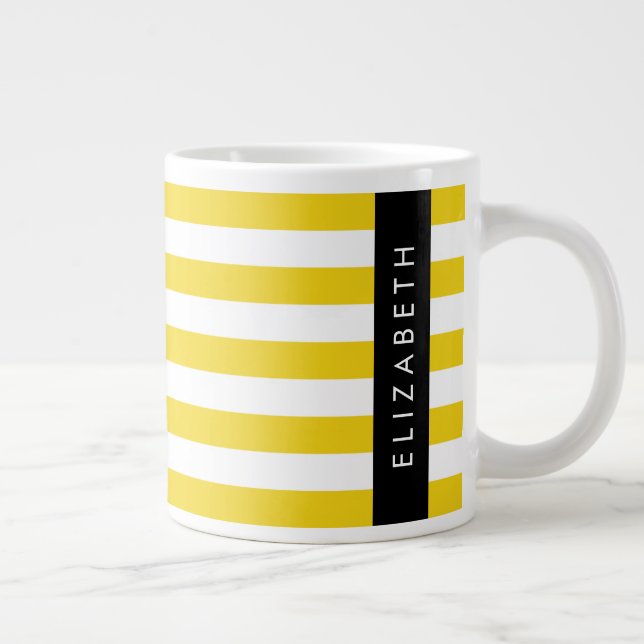 Yellow Stripes, Striped Pattern, Lines, Your Name Large Coffee Mug (Right)