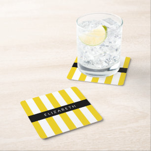 Yellow Stripes, Striped Pattern, Lines, Your Name Square Paper Coaster
