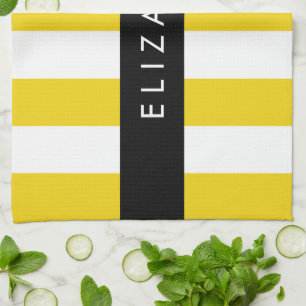 Yellow Stripes, Striped Pattern, Lines, Your Name Tea Towel