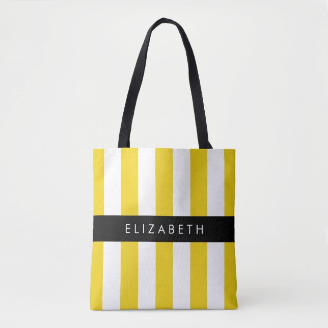 Yellow Stripes, Striped Pattern, Lines, Your Name Tote Bag (Front)