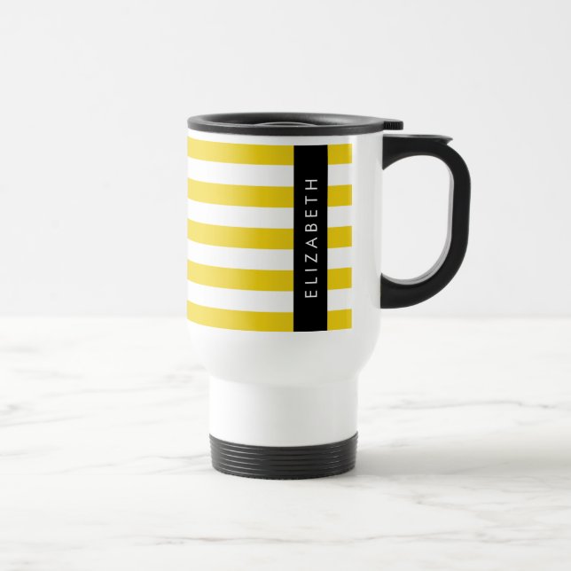 Yellow Stripes, Striped Pattern, Lines, Your Name Travel Mug (Right)