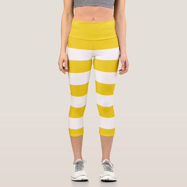 Yellow Stripes, White Stripes, Striped Pattern Capri Leggings (Front)