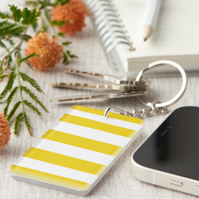 Yellow Stripes, White Stripes, Striped Pattern Key Ring (Front Right)