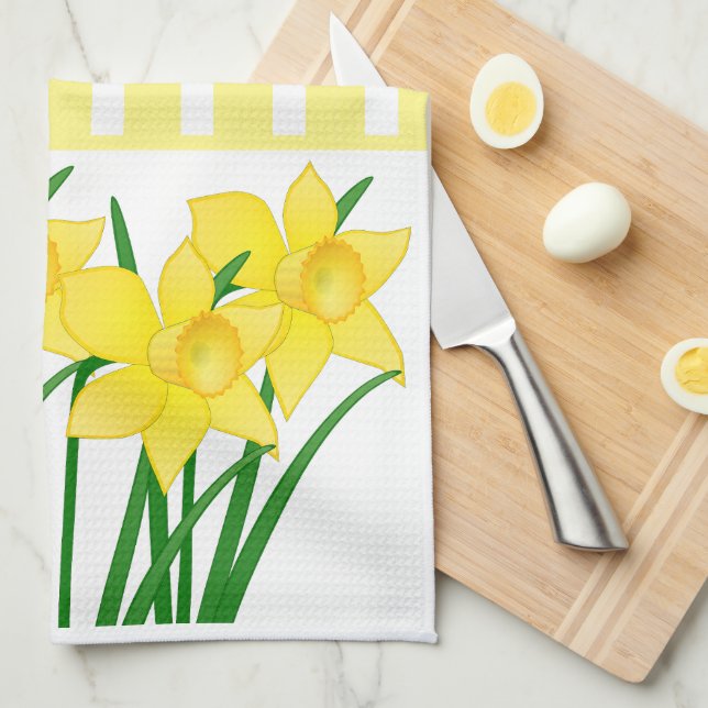 Yellow Stripes with Spring Daffodils Tea Towel (Quarter Fold)