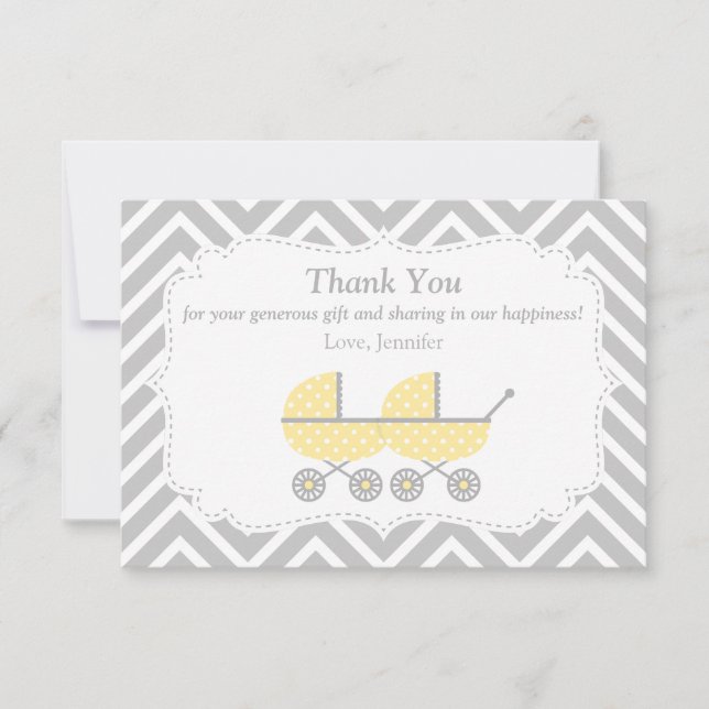 Yellow Strollers Twins Baby Shower Thank You Card (Front)
