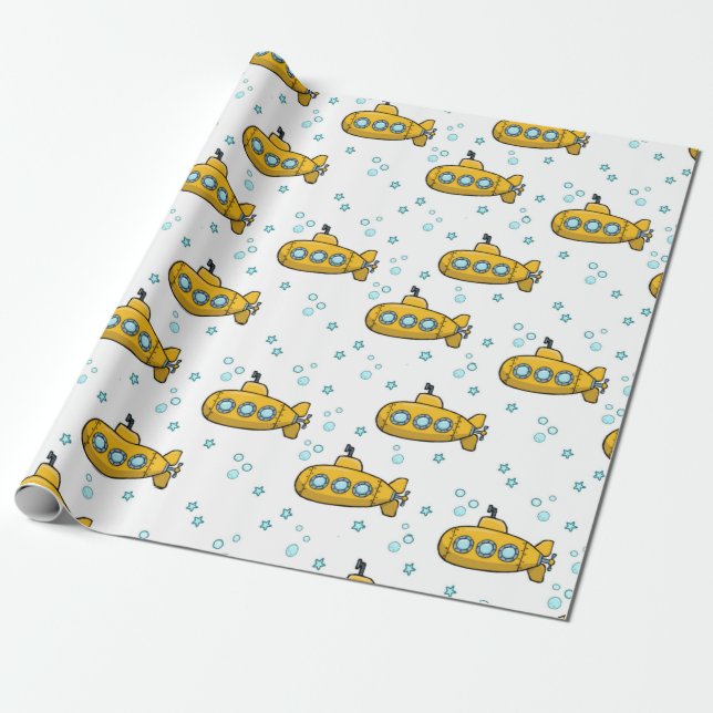 Yellow Submarine Blue Stars Wrapping Paper (Unrolled)