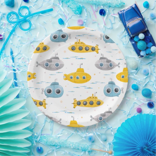 Yellow Submarine Pattern Kids Birthday Paper Plate (Party)