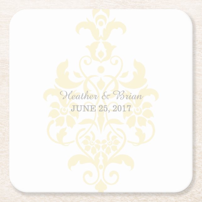 Yellow Subtle Damask Paper Coasters (Front)
