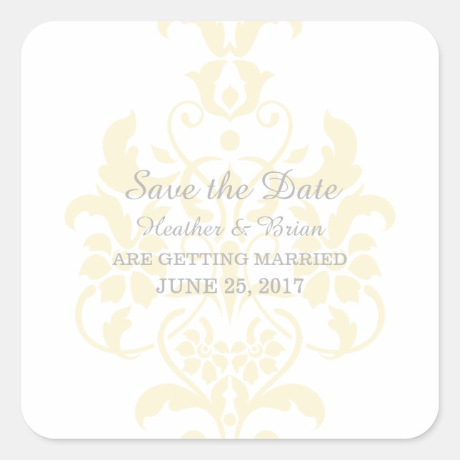 Yellow Subtle Damask Save the Date Stickers (Front)