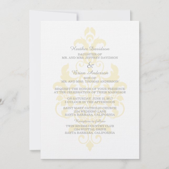Yellow Subtle Damask Wedding Invite (Front)
