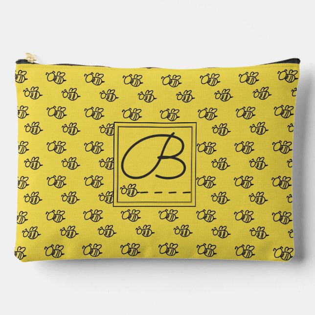 Yellow Summer Bees Monogram Pattern Accessory Pouch (Front)