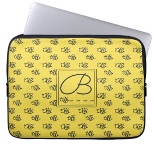 Yellow Summer Bees Monogram Pattern Laptop Sleeve