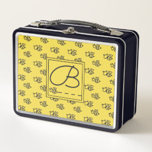 Yellow Summer Bees Monogram Pattern Metal Lunch Box