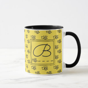 Yellow Summer Bees Pattern Monogram Mug