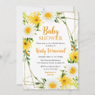 Yellow Summer Flowers & Gold Frame Baby Shower Invitation